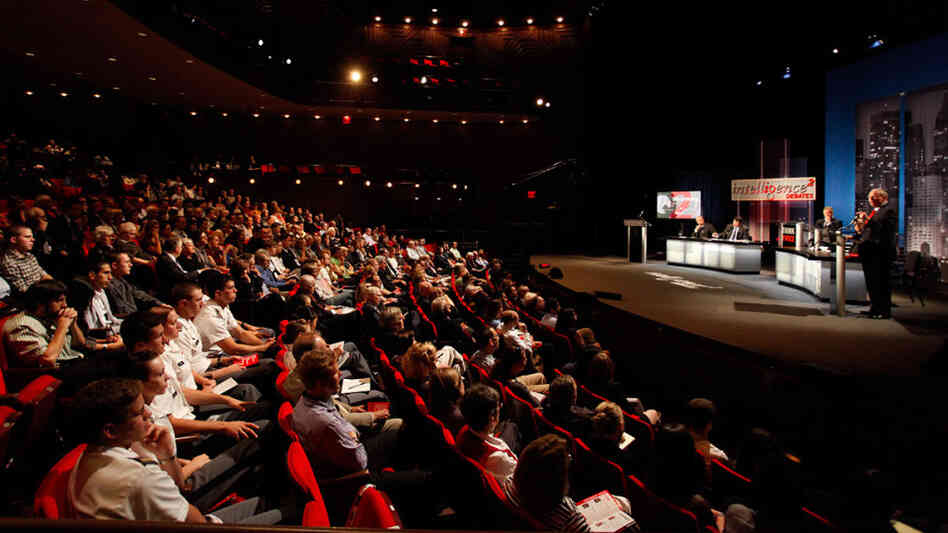 A crowd watches an 'Intelligence Squared U.S.' debate on terrorism at NYU. A crowd watches an 'Intelligence Squared U.S.' debate on terrorism at NYU.
