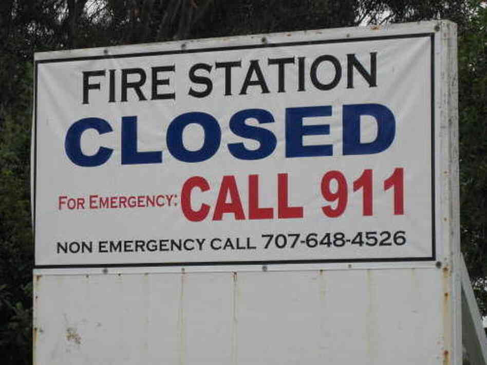 A sign outside a closed fire station in Vallejo, Calif. A sign outside a closed fire station in Vallejo, Calif.