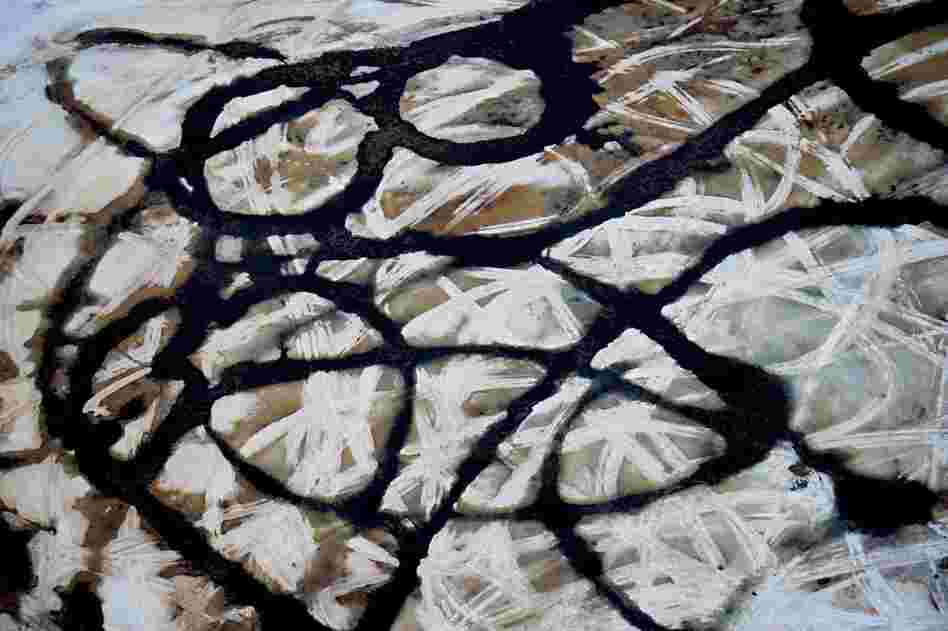 Snowmobile tracks cross the surface of a melting pond in Kiruna, Sweden.