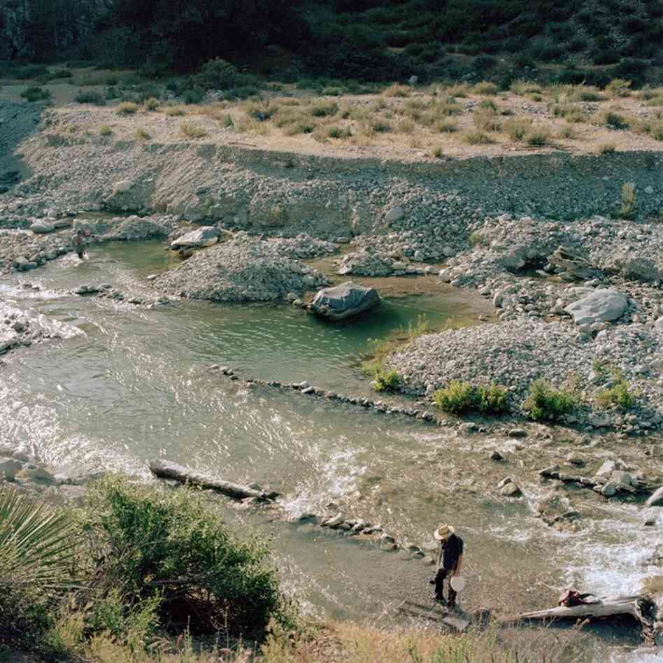 A prospector sluices and pans at Nugget Alley, Angeles National Forest, Calif.