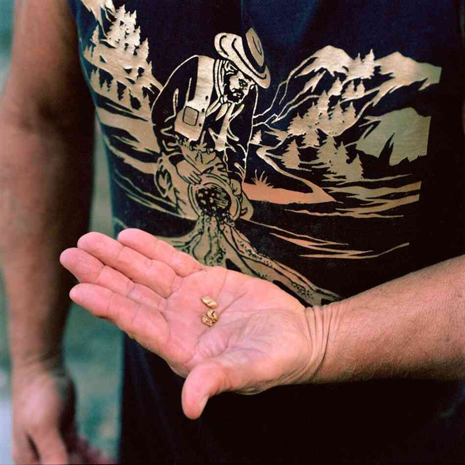 Avery Rathburn shows some gold found in Scott River, Klamath National Forest, Calif.