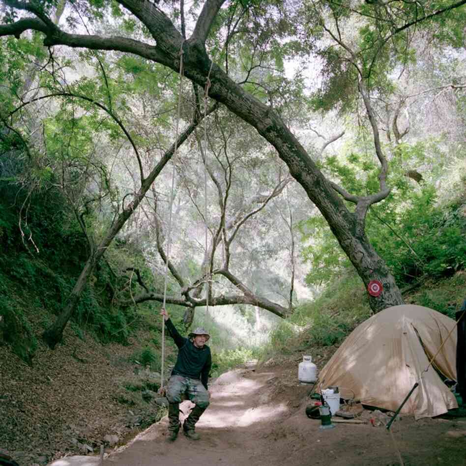 Prospector Rick Skow at his campsite in Angeles National Forest, Calif.