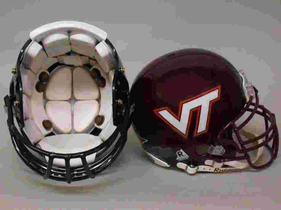 Virginia Tech football helmets outfitted with sensors that record data.
