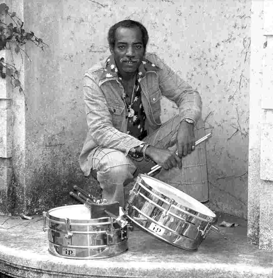 Willie Bobo photographed with timbales in San Francisco. Bobo's soul-infused recordings of the late 1960s were picked up by musicians a generation later who incorporated his music in Afro-Cuban influenced hip hop.