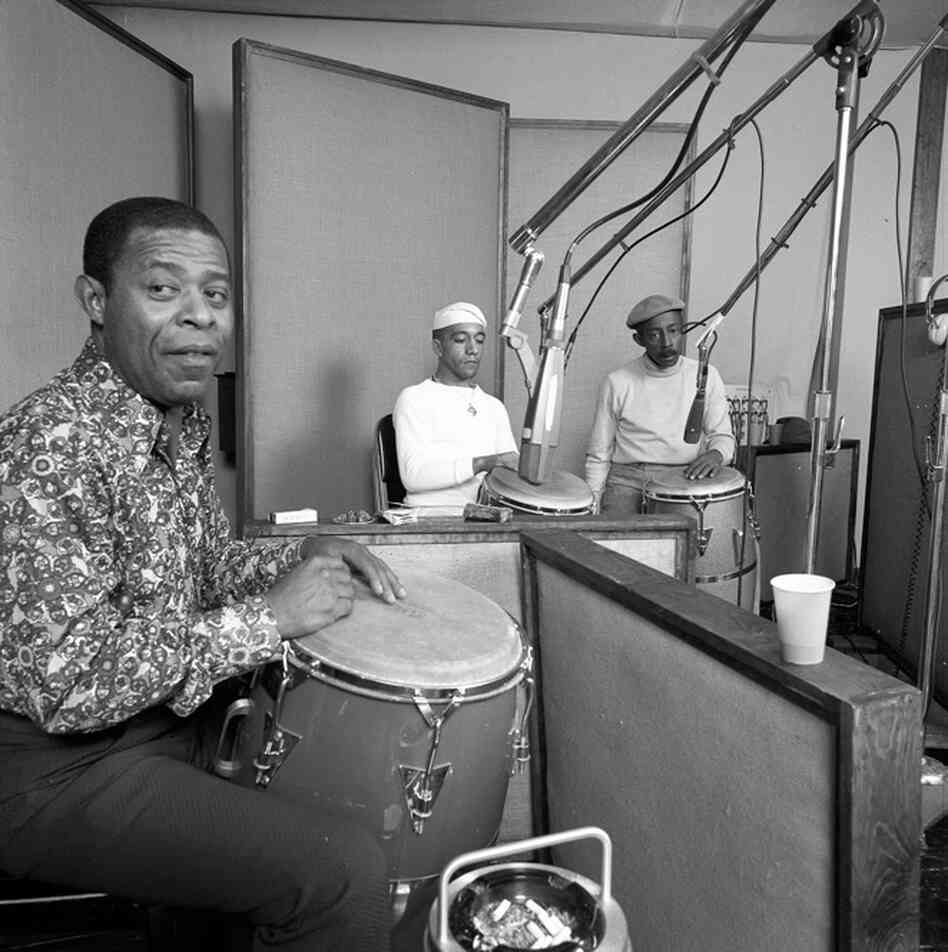 Jose Mangual Sr. (from left), Milton Cardona and Carlos "Patato" Valdez in Broadway Recording Studio during the creation of "Understanding Latin Rhythms, Vol. I"