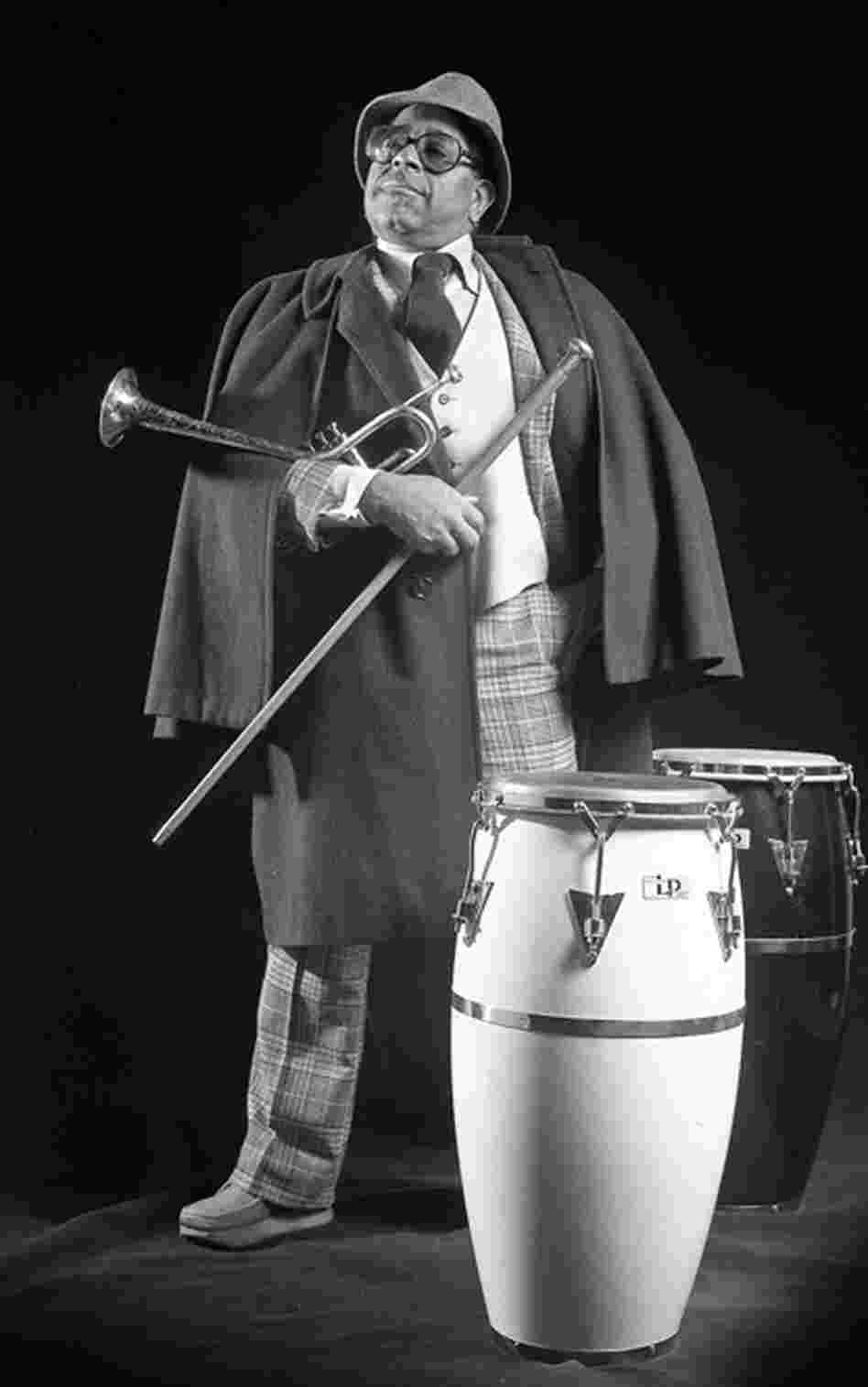 Dizzy Gillespie in my photo studio in my home in Hillsdale, N.J. During this period in the mid-1970s, Dizzy traveled with a set of LP congas that he himself played on stage.