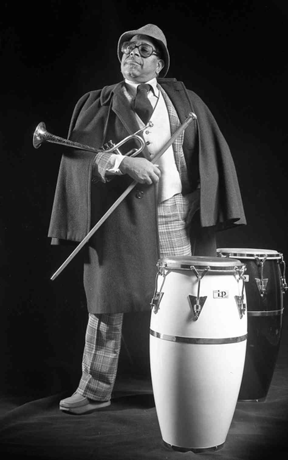 Dizzy Gillespie in my photo studio in my home in Hillsdale, N.J. During this period in the mid-1970s, Dizzy traveled with a set of LP congas that he himself played on stage.
