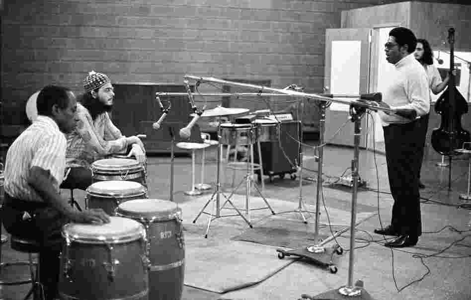 Carlos "Patato" Valdez (from left), Jerry Gonzalez, Dizzy Gillespie and Andy Gonzalez during recording on the album, Portrait of Jenny at Rudy Van Gelder's studio in Englewood Cliffs, N.J., sometime in the 1970s.