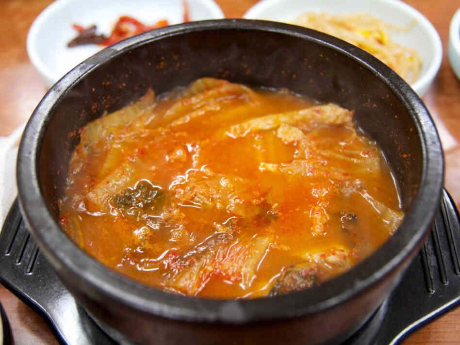 Namsan Kimchi Jigae restaurant in Seoul serves only hot kimchi stew with pork. Namsan Kimchi Jigae restaurant in Seoul serves only hot kimchi stew with pork.