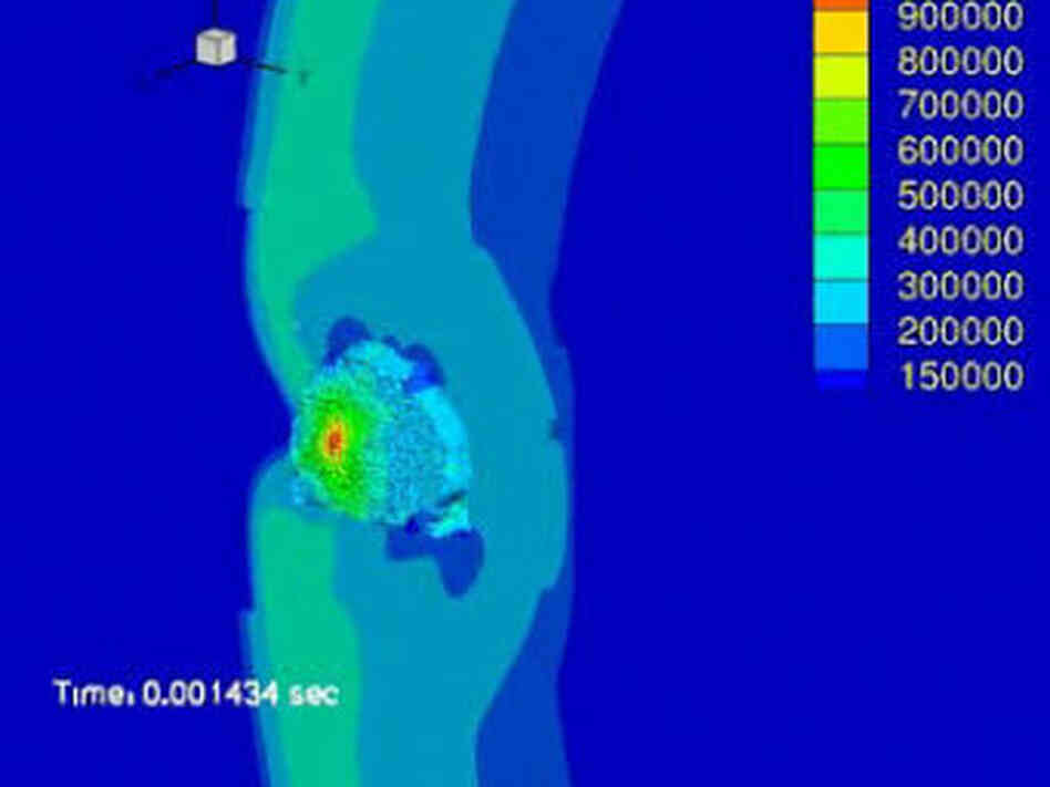 A simulated blast wave travels through a brain