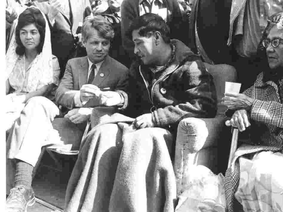 By the late 1960s, Chavez was widely recognized for his efforts. He spearheaded the National Farm Workers Association, which would later become the United Farm Workers of America. Here, Robert Kennedy sits with Chavez the day Chavez broke a 25 day protest fast, 1968. 