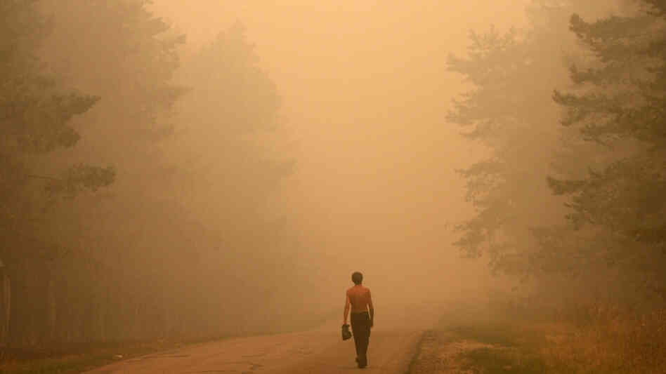 A Russian man walks along the road 130 kilometers outside Moscow A Russian man walks along the road 130 kilometers outside Moscow