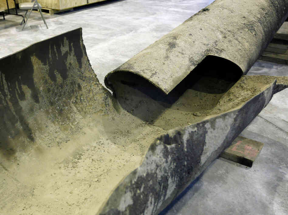 A piece of the ruptured pipeline from the accident in San Bruno, Calif., on display at the NTSB. A piece of the ruptured pipeline from the accident in San Bruno, Calif., on display at the NTSB.