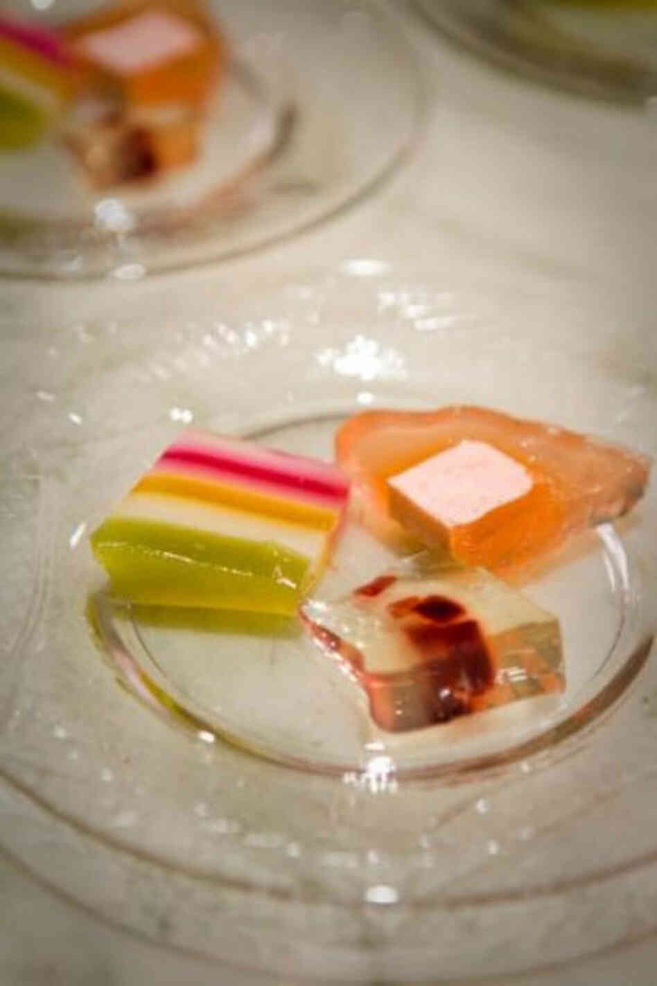 The meal featured three different Victorian jellies: Layered Lemon Jelly, Rhubarb Jelly with Strawberry Bavarian Cream and Spatlese Jelly Spiral with Cubes of Port.  Only the Layered Lemon Jelly calls for calf's foot gelatin, made by boiling calves' feet. The rest call for powdered gelatin, which had become widely available by the late 1890s.