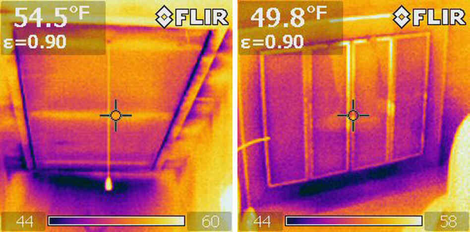 Infrared images of pull-down attic stairs (left) and a fireplace with glass doors Infrared images of pull-down attic stairs (left) and a fireplace with glass doors