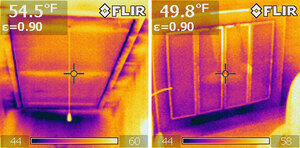 Infrared images of pull-down attic stairs (left) and a fireplace with glass doors Infrared images of pull-down attic stairs (left) and a fireplace with glass doors