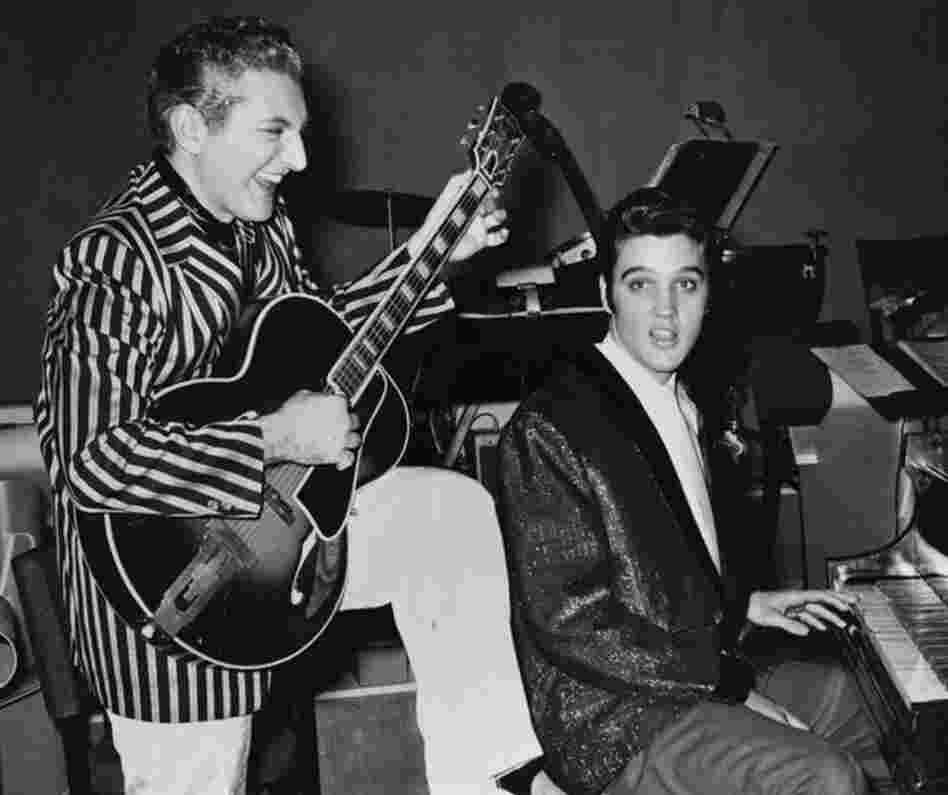 Liberace with Elvis Presley, at the Riviera Hotel in Las Vegas in November 1956. 