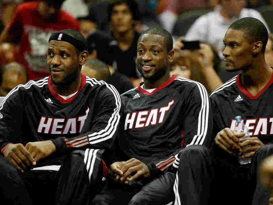LeBron James, left, Dwyane Wade, center, and Chris Bosh of the Miami Heat