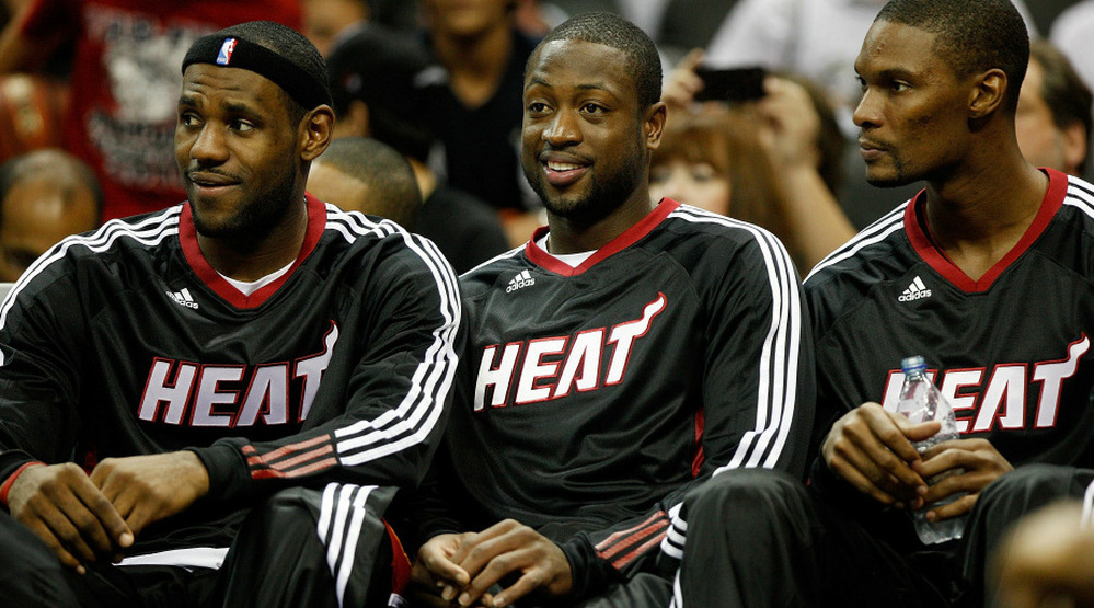 LeBron James, left, Dwyane Wade, center, and Chris Bosh of the Miami Heat