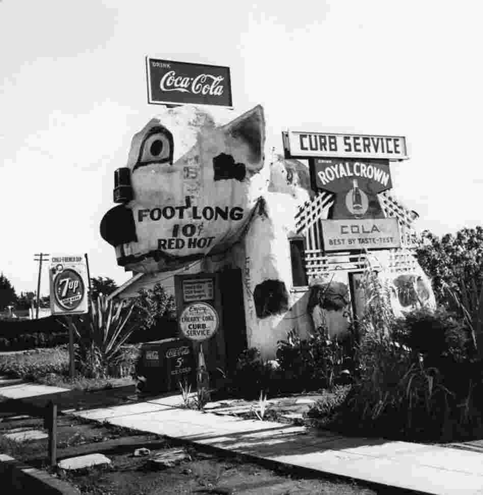 An exterior view of the "The Pup," a hot dog and hamburger stand located in the community of Venice.