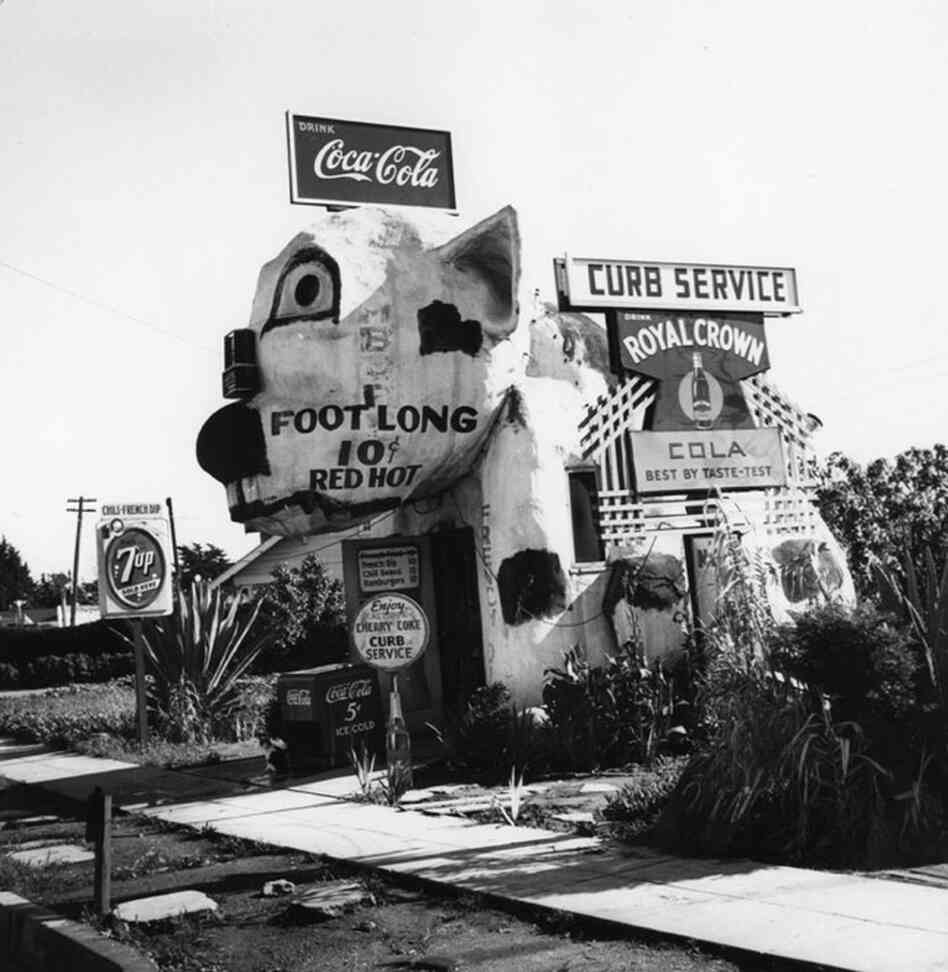 An exterior view of the "The Pup," a hot dog and hamburger stand located in the community of Venice.