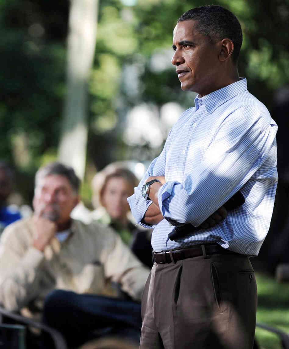 President Obama during a backyard chat in Des Moines on Sept. 29, 2010. President Obama during a backyard chat in Des Moines on Sept. 29, 2010.
