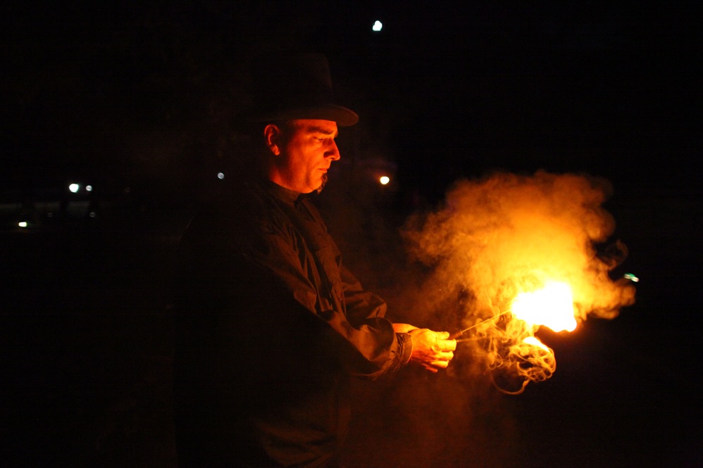 Jim Cope is an entertainer who works the crowd lining up to visit the Pennhurst Asylum. Lines to get into the haunted house can be up to four hours, so actors and entertainers line the catwalk leading to the entrance to keep visitors entertained.