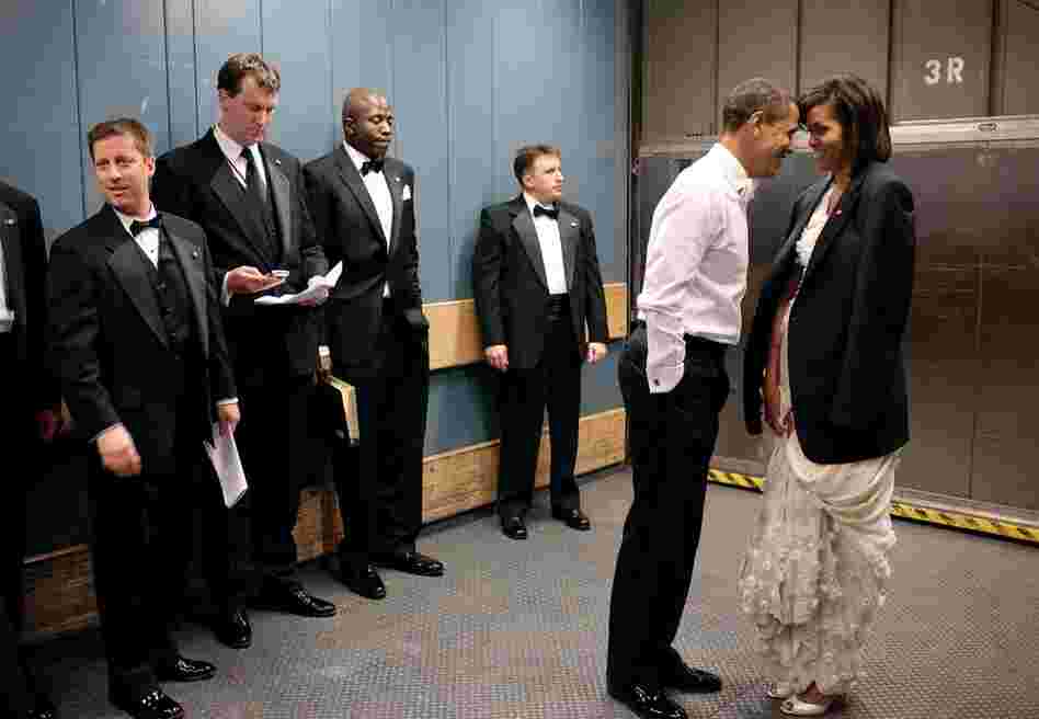 Considered by many to be one of his iconic images so far, Pete Souza captured an intimate moment between President Obama and the First Lady on a freight elevator in Washington's convention center, on Inaugural night, 2009. 