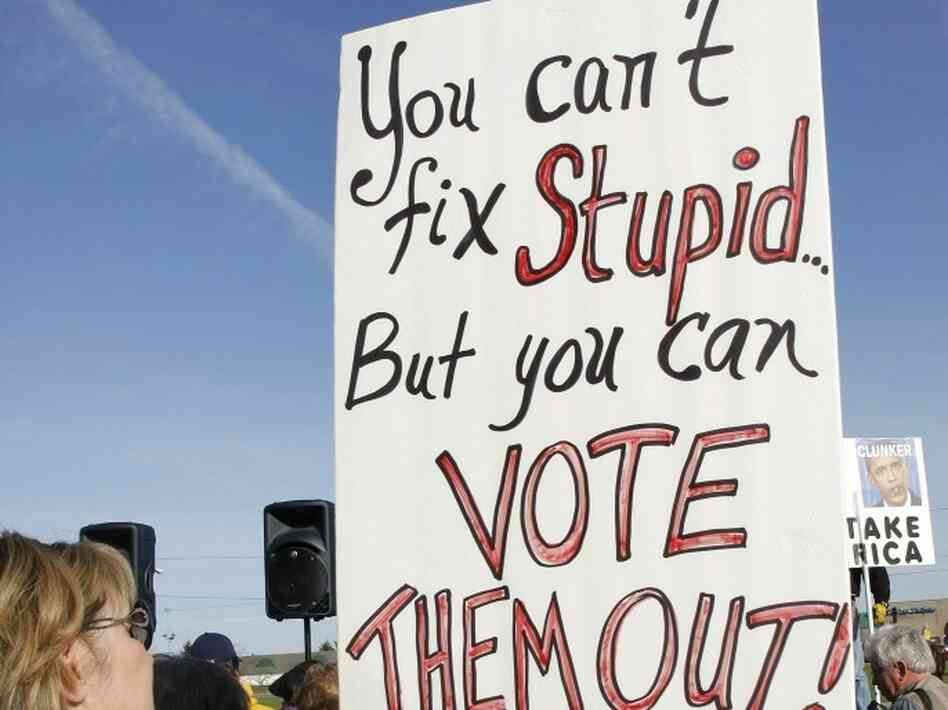 Waterford, Mich., Oct. 29: A sign at a Tea Party Express rally. Waterford, Mich., Oct. 29: A sign at a Tea Party Express rally.