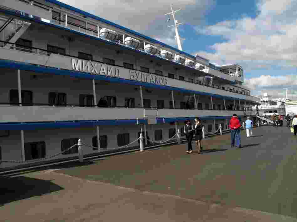 The newly renovated Mikhail Bulgakov cruise ship has four tiers and offers a variety of amenities to mostly Russian vacationers.  
