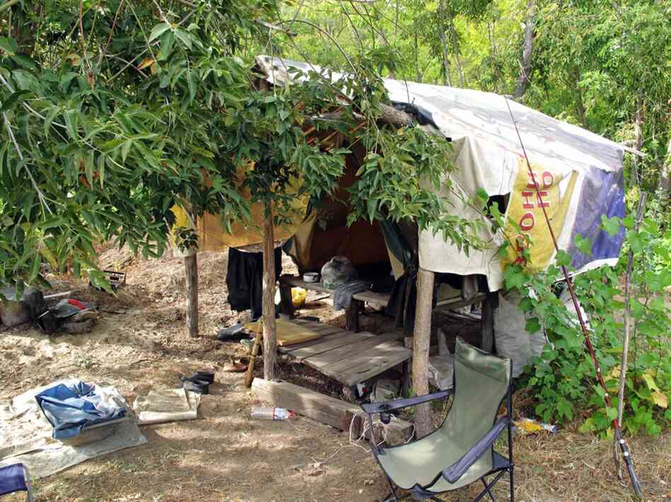 Fishing camps line the banks of the Volga River. Gennady Anatolievich, 70, and his wife live here for six months out of the year.