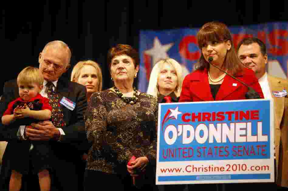 Republican Senate candidate Christine O'Donnell, surrounded by family, concedes defeat to Democrat Chris Coons in Delaware. Coons will take over Vice President Joe Biden's former Senate seat. 