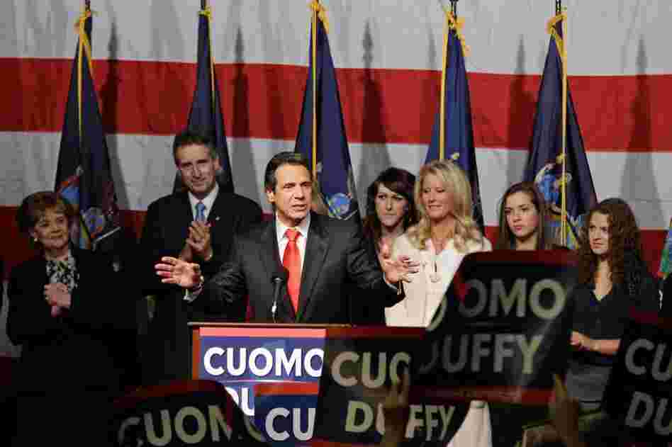 New York governor-elect Andrew Cuomo, a Democrat, gives a victory speech after defeating Carl Paladino. 