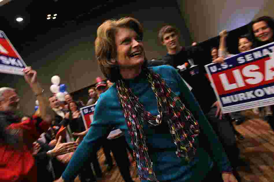 Sen. Lisa Murkowski (R-AK) thanks supporters at a results watching party in Anchorage, Alaska. Murkowski, defending her Senate seat as a write-in candidate, pulled into the lead in early results. 