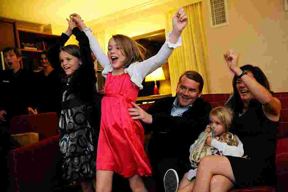 Incumbent Senatorial candidate Michael Bennet (D-CO) cheers with his family on Tuesday night, as early returns showed him leading. As of Wednesday afternoon, The Denver Post has reported that Bennett will be keeping his sea in the Senate. 