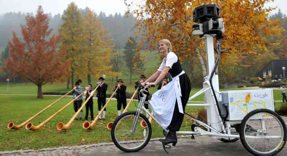 Bianca Keybach rides a trike equipped with Google Street View cameras in a park in Oberstaufen in Ba Bianca Keybach rides a trike equipped with Google Street View cameras in a park in Oberstaufen in Ba