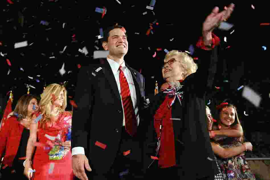 Republican Marco Rubio stands with his mother, Oria Rubio, during his "Reclaim America Victory Celebration" in Coral Gables, Fla., after he clinched the Florida Senate seat.  
