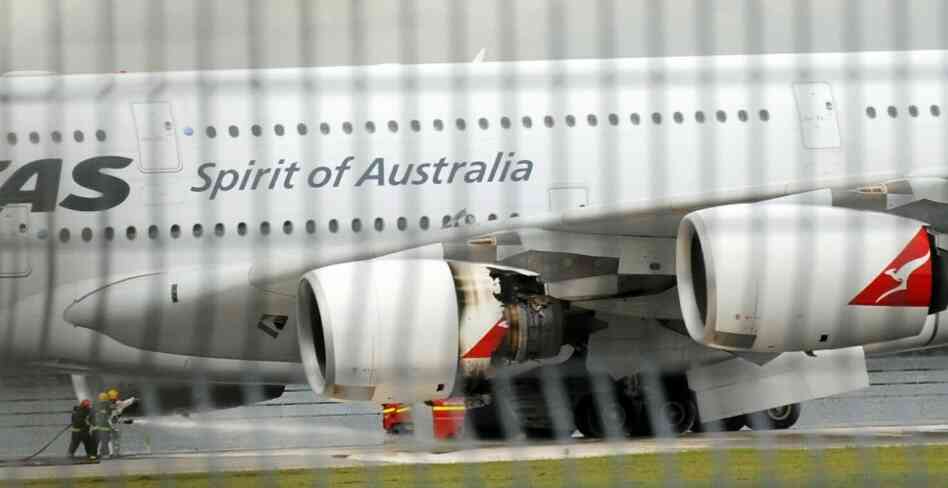 A troubled Qantas Airbus A380 plane seen after an emergency landing in Singapore. A troubled Qantas Airbus A380 plane seen after an emergency landing in Singapore.
