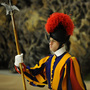 A Swiss Guard stands by a Christmas tree at the Vatican. 