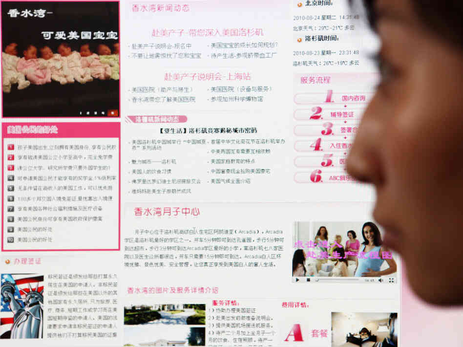 A Chinese woman browses the website of a birth tourism agency. A Chinese woman browses the website of a birth tourism agency.