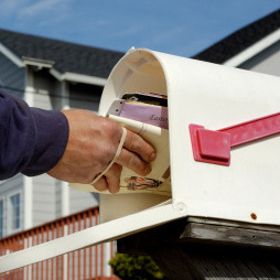 A letter carrier delivers a bundle of mail to a mailbox