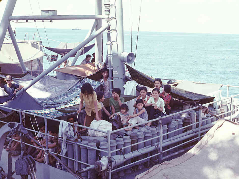 Refugees on Vietnamese vessel, part of the USS Kirk rescue mission.