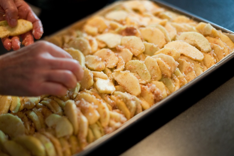 Rather than a pie pan, use a large, flat baking sheet to make an apple slab pie. It feeds more and can be cut easily.