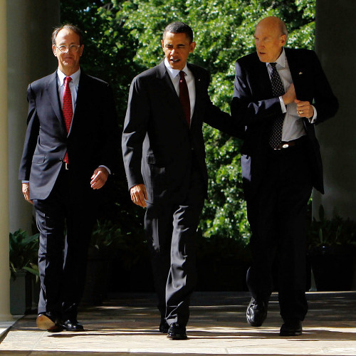 President Obama walking with Erskine Bowles and Alan Simpson.