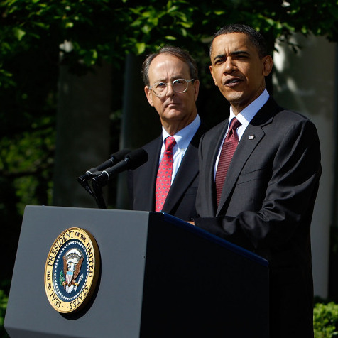 President Obama speaks in the Rose Garden as Erskine Bowles and Alan Simpson listen.