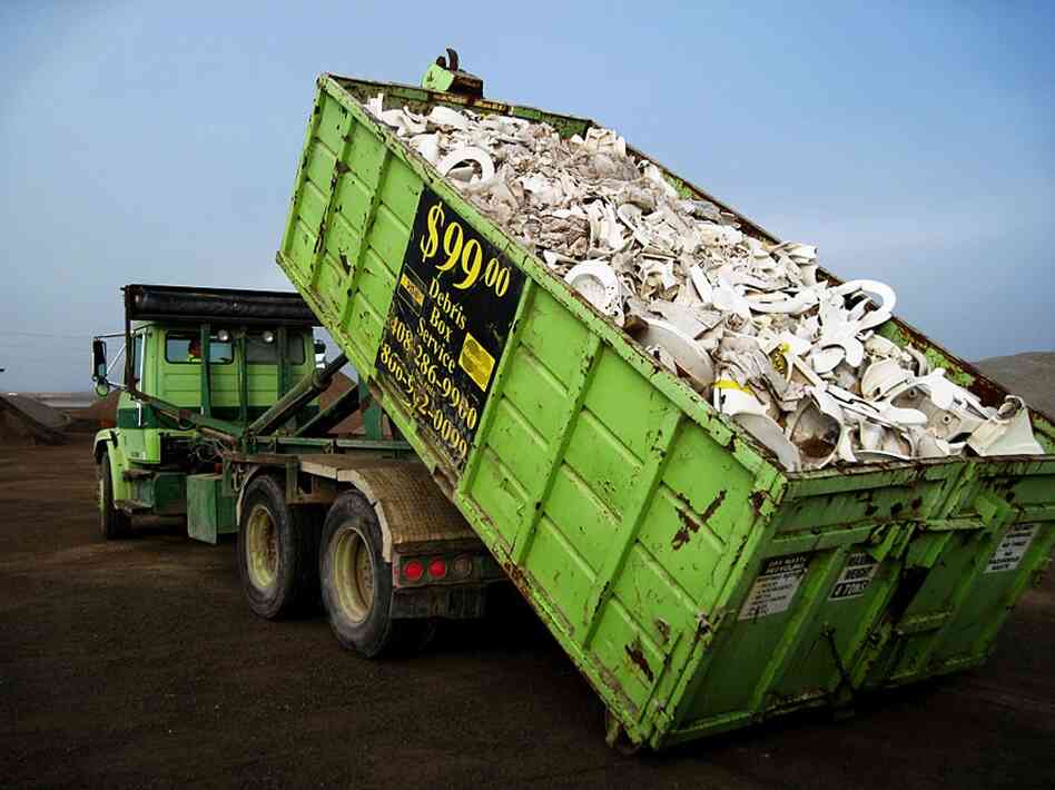 A truck of porcelain waste to be recycled as tiles
