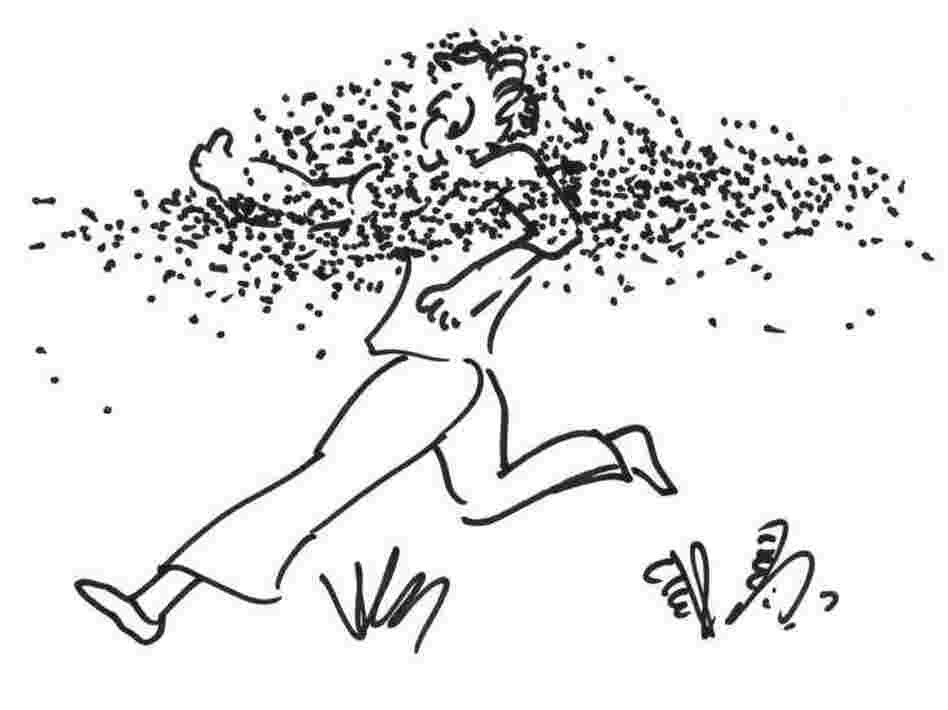 Sketch by Robert Krulwich of a man running with a swarm of bees. Sketch by Robert Krulwich of a man running with a swarm of bees.