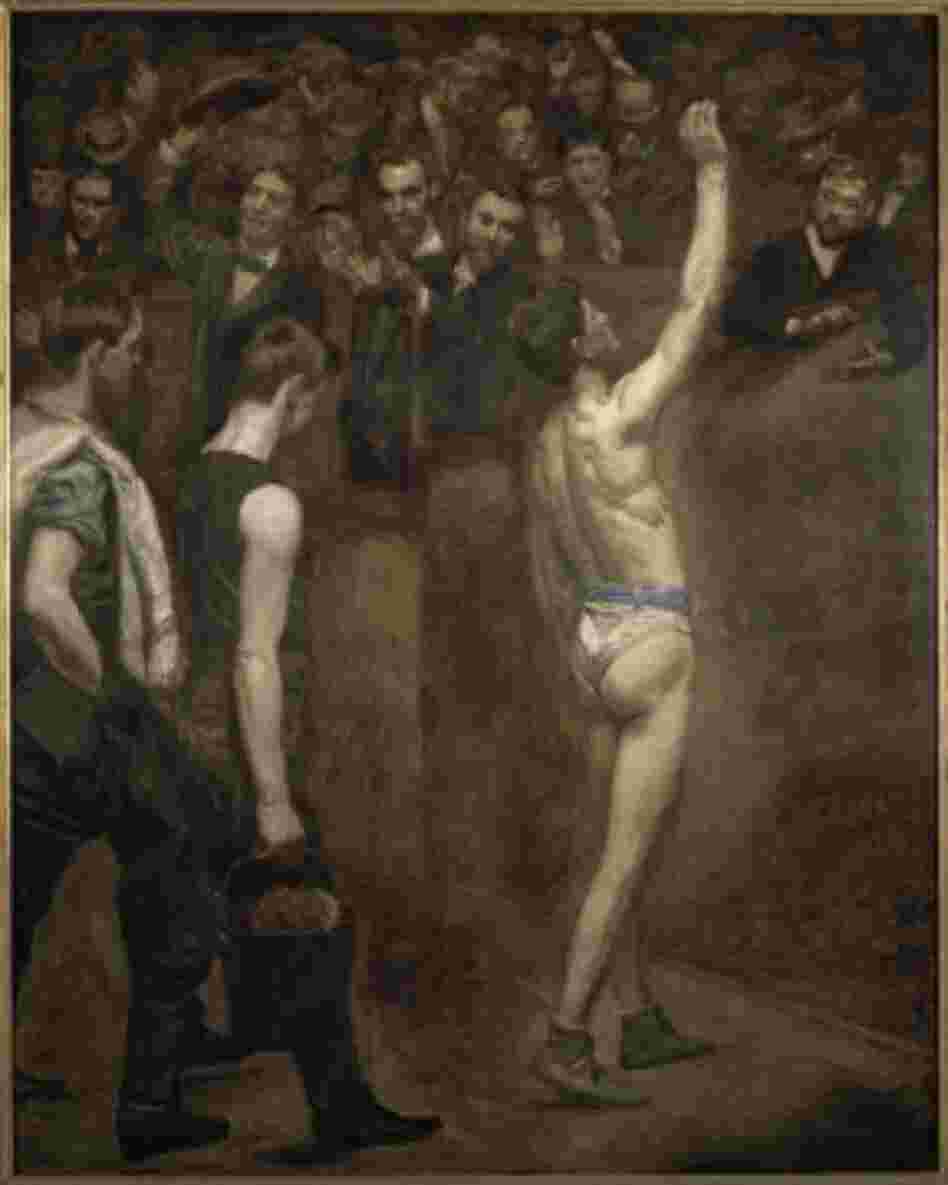 Eakins' Salutat, 1898, depicted a boxer after a fight — an object of admiration by a male audience, rather than an athlete in a fight. 
