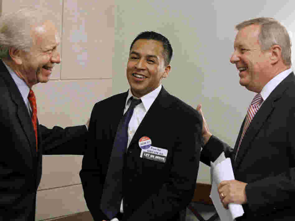 Sens. Richard Durbin and Joseph Lieberman with Cesar Vargas. Sens. Richard Durbin and Joseph Lieberman with Cesar Vargas.