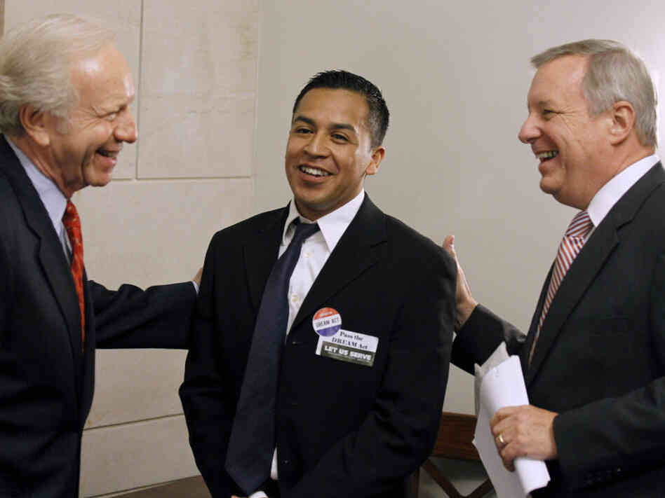Sens. Richard Durbin and Joseph Lieberman with Cesar Vargas. Sens. Richard Durbin and Joseph Lieberman with Cesar Vargas.